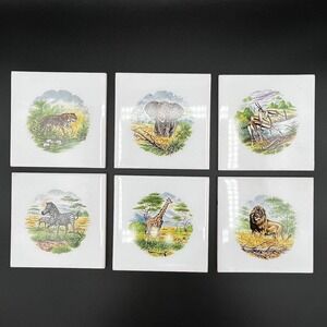Vintage Safari Ceramic Tiles 4.25" Square Giraffe Lion Elephant Tiger Zebra NWOB